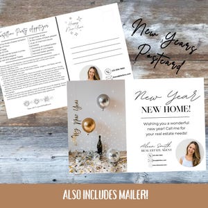 May include: A New Year's postcard set with a recipe for Tortellini Party Appetizer, a New Year's greeting, and a real estate agent's card. The design includes gold and silver balloons, a champagne bottle, and disco balls.