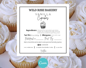May include: A box of vanilla cupcakes with white frosting and gold sprinkles. The cupcakes are from Wild Rise Bakery, with a label detailing ingredients, net weight (10 oz), and allergen information. The label also includes the bakery's website and social media.