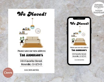 Mid Century Modern Moving Announcement Digital Electronic Template, New Address Announcement Editable Download, We Moved Postcard for Phone