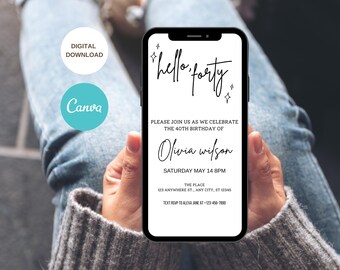 Hello Forty Modern 40th Birthday E-Invite, Editable Adult Birthday Invitation Template, Women's Minimalist Birthday Evite