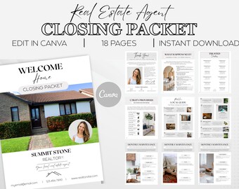 May include: A real estate closing packet template with a welcome page featuring a house image and a realtor's information. The packet includes 18 pages and is editable in Canva. The design is in black and white.