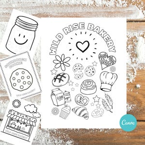 May include: Black and white line art illustrations of bakery items and a jar with a smiley face. The text "Wild Rise Bakery" is in a circular design. Other illustrations include a cookie, bread, and a chef's hat.