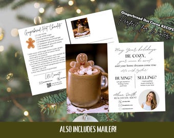 May include: A festive image featuring a mug of gingerbread hot chocolate topped with marshmallows and a gingerbread man cookie. Recipe cards and a real estate mailer are also included, all set against a backdrop of Christmas tree branches.