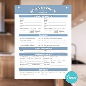 May include: A light blue and white buyer questionnaire from Jane Real Estate. The form includes sections for contact, financing, lender, and home requirements. The Canva logo is in the bottom right corner.