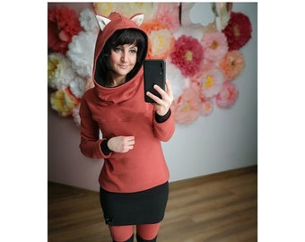 MEKO® "OhrFlory" Hoodie Kleid Damen, Fuchs, Terra und Schwarz, langarm Kleid mit Ohren von meko Store