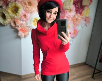 MEKO® "Caryna" Hoodie Damen, Rot mit Spitze, Pullover mit Kapuzenkragen und Tasche von meko Store