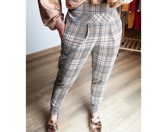 MEKO® "Nicypants" Stoffhose Damen, edle Karottenhose mit klassischem Karomuster, hohe Taille, Highwaist Bundfalten Hosen von meko Store