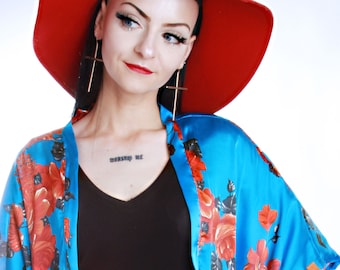 MEKO® "Happyme" leichter Kimono Cardigan Damen Blau Blumen Mantel Strand Wickelbluse, handgefertigt