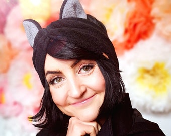 MEKO® Katze Stirnband mit Ohren, warmes Damen Stirnband aus Fleece, Turban in Schwarz