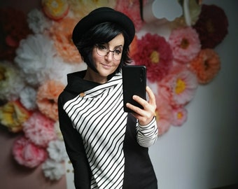 MEKO® "Marlekin" hoodie women, black and ecru with stripes, oversize long-sleeved hoodie, hoodie from meko store