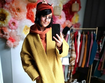 MEKO® "Largy" exklusiver Oversize Mantel für Damen aus Bouclé, uni Sonnenblume Gelb, langer Wintermantel von meko Store