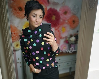 MEKO® "Mancha" hoodie women, black with colorful dots, oversize long-sleeved hoodie from meko Store, handmade