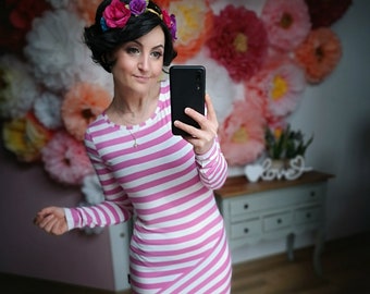 MEKO® "Confectionery" mini dress dress with stripes, raspberry and white, long sleeve dress for women by meko Store