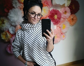 MEKO® "Daheym" turtleneck sweater women, oversize sweater with stripes and collar, black and ecru, warm sweatshirt from meko store