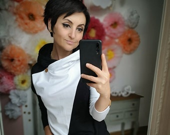 MEKO® "Marlekin" hoodie women, black and white, oversize long sleeve hoodie from meko Store, handmade