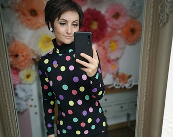 MEKO® "Turtly" turtleneck shirt in black with colorful dots, ladies, turtleneck