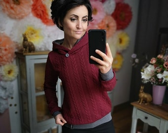 MEKO® "Souly" Hoodie Women, knitted look, Marsala and grey melange with Glencheck motif, plait knit sweater by meko Store