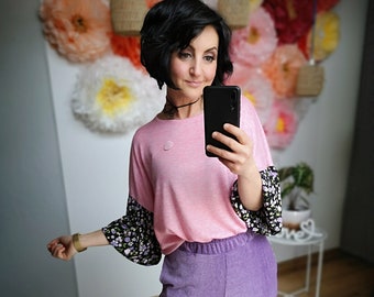 MEKO® "Bee" Pullover Damen, leichter Oversize Strick Pullover mit Puffärmeln, Rosa Melange mit Blumen, langarm Pullover von meko Store