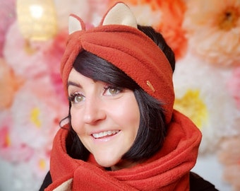 MEKO® Fuchs Stirnband mit Ohren, warmes Damen Stirnband aus Fleece, Turban in Orange