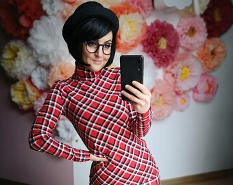 MEKO® "Turtly" turtleneck sweater women, turtleneck shirt with check, punk shirt in red, black and white checkered by meko Store