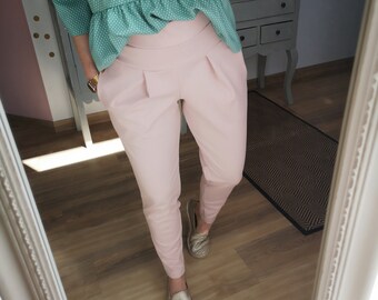 SALE Gr. L MEKO® Fabric Pants "Nicypants" Women, Powder Pink Ecru, Carrot Pants with High Waist, Highwaist Pleated Waistband Pants