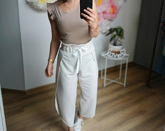 MEKO® "Haremy" pants women, fabric pants with slit and wide leg, white with beige dots, pants from meko store, handmade