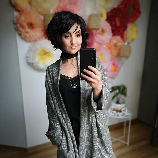 MEKO® "Sowhoo" edler Cardigan Damen, Kurzmantel in Grau Melange mit Karo, Kimono von meko Store, handgefertigt