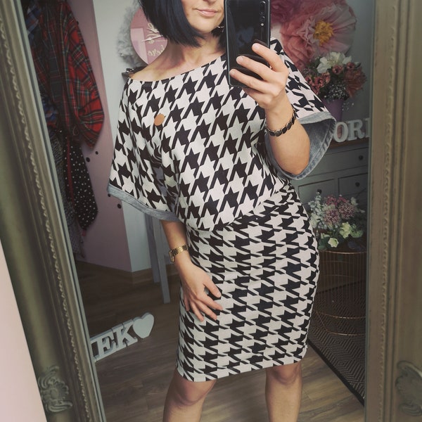 SALE MEKO® "Bethany" Rock taillenhoch Damen Schwarz Offwhite Hahnentritt Bleistiftrock