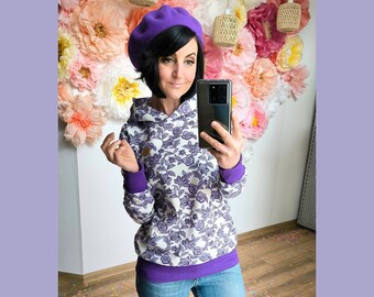 MEKO® "Souly" Hoodie Damen, Altweiß Melange mit Lilanem Allover Blumen-Print, Kapuzenpullover von meko Store, handgefertigt