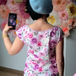 MEKO® Lot T-Shirt Damen, Top mit U-Boot Ausschnitt, Weiß und rosa mit floralen Motiven, Shirt von meko Store, handgefertigt Bild 9