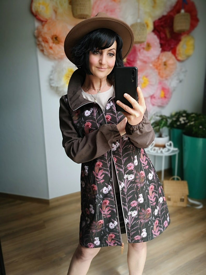 Gr. S MEKO® Schurke Softshell Mantel Damen, Parka mit Stehkragen, Braun Melange und Blumen, Jacken von meko Store, handgefertigt Bild 6