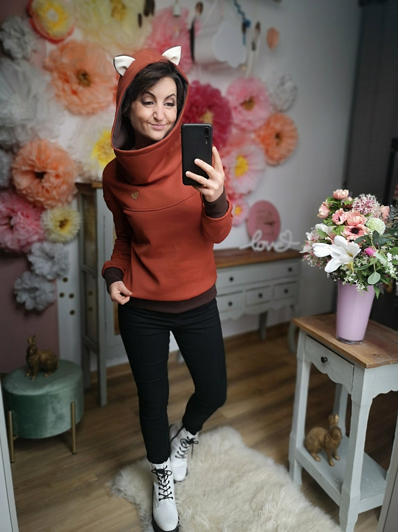 MEKO® Florohra Fuchs Hoodie Damen, Hoodie mit Ohren, Kapuzenpullover in Rust und Braun, Hoodies von meko Store, handgefertigt Bild 6