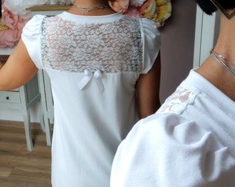 MEKO® "Lacu" Kleid Damen, Kleid Hochzeit, Kurzarm-Kleid in A-Linie, Weiß mit Spitze, Kleider von meko Store, handgefertigt