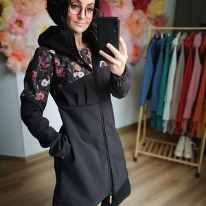 MEKO® Wurfn Mantel Damen, Softshell Mantel mit Kapuze in Schwarz und Braun, Kapuzenjacke von meko Store, handgefertigt Bild 6