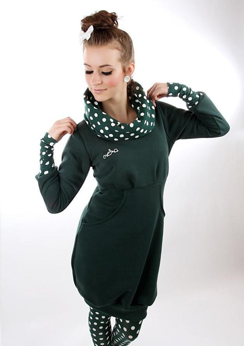 L MEKO Leny Dress Green Ladies Long Sleeve Dots Highneck Hooded Dress S Gr