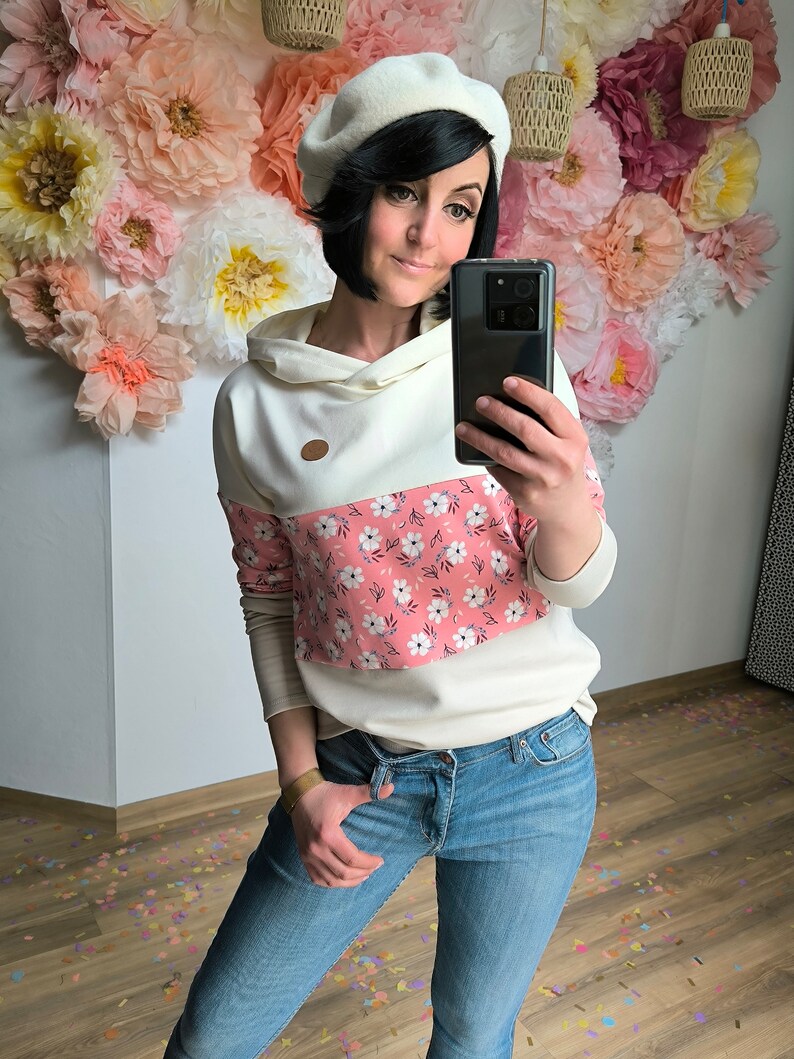 MEKO® Striper Hoodie Damen, Altweiß, Creme und Lachs, Hoodie mit Blumen, Kapuzenpullover von meko Store Bild 7