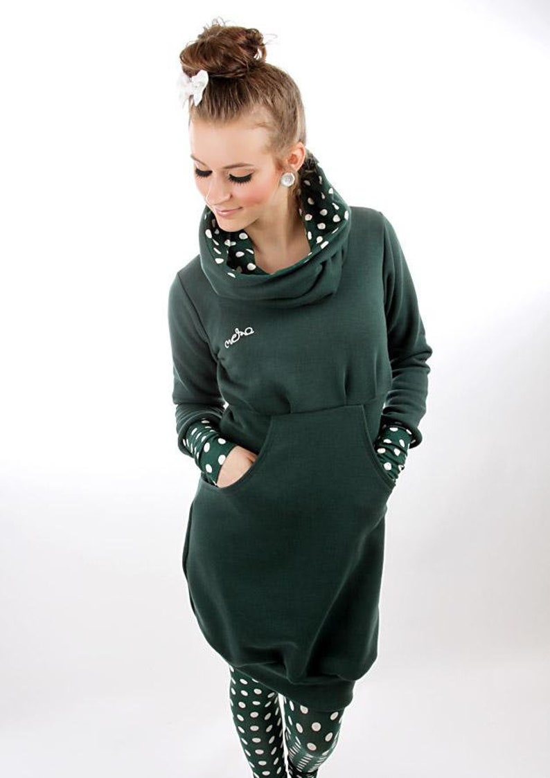 L MEKO Leny Dress Green Ladies Long Sleeve Dots Highneck Hooded Dress S Gr