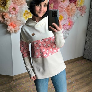 MEKO® Striper Hoodie Damen, Altweiß, Creme und Lachs, Hoodie mit Blumen, Kapuzenpullover von meko Store Bild 2