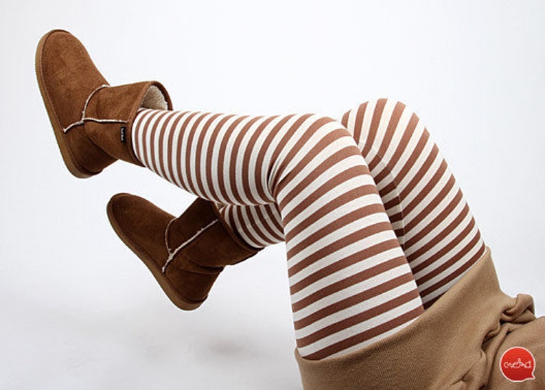 MEKO® Leggings Damen, Beige Streifen, Ringelleggings aus Viskose, Stoffhose von meko Store image 1