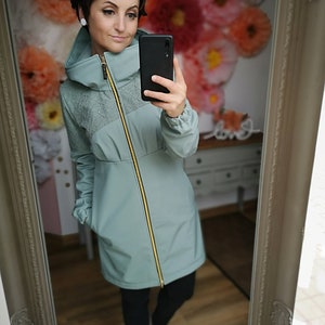 MEKO® Spurfn Softshell Mantel Damen, Parka mit Spitze und Kapuze, edler Mantel in Mint, Altgrün, Mantel von meko Store Bild 8