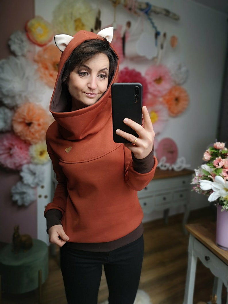 MEKO® Florohra Fuchs Hoodie Damen, Hoodie mit Ohren, Kapuzenpullover in Rust und Braun, Hoodies von meko Store, handgefertigt Bild 8