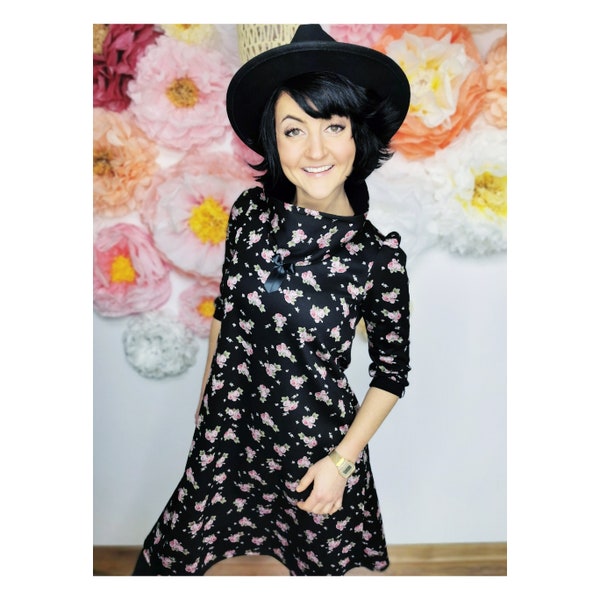 MEKO® "Loli" Kleid Damen, Kleid in A-Linie, Schwarz mit Blumen, romantisches Kleid mit Kragen, Kleider von meko Store, handgefertigt