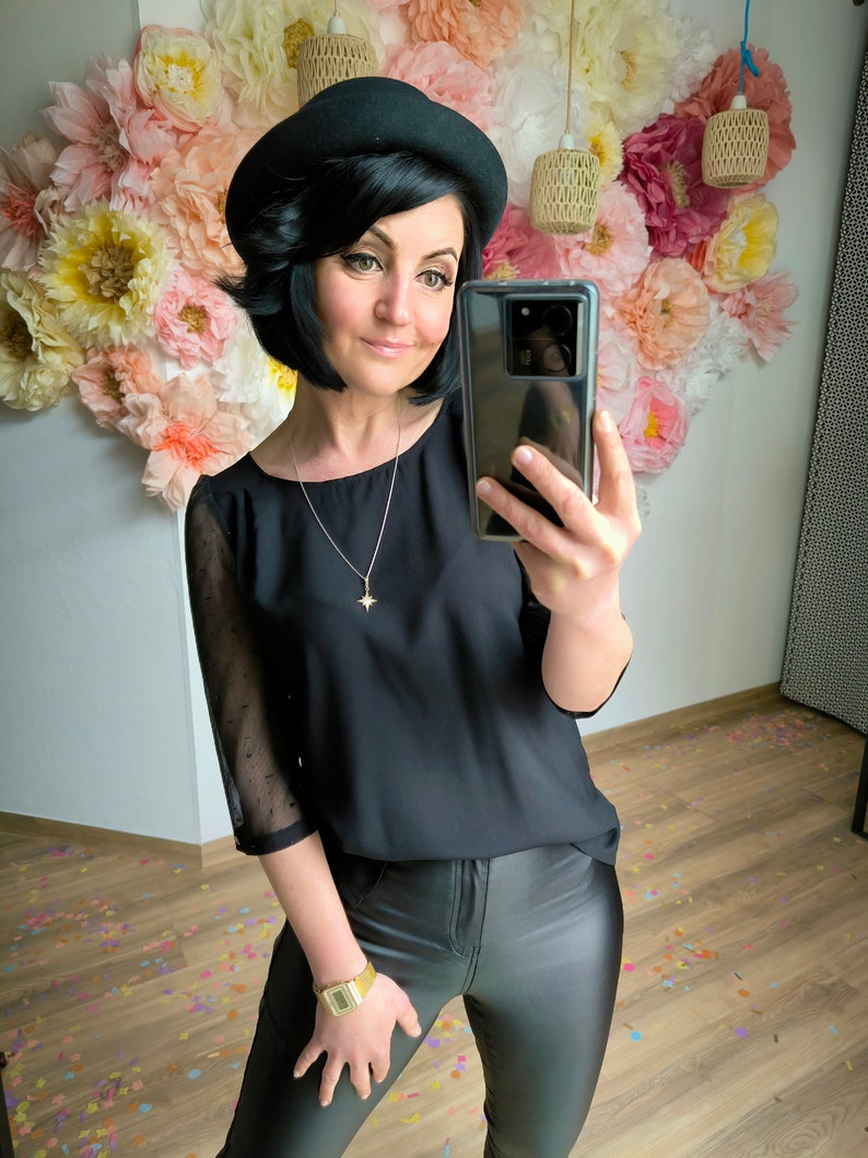 MEKO® Blusy Blusen für Frauen, Top mit transparenten Ärmeln, Schwarz, Bluse fürs Büro, Oberteile von meko Store Bild 2