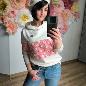 MEKO® Striper Hoodie Damen, Altweiß, Creme und Lachs, Hoodie mit Blumen, Kapuzenpullover von meko Store Bild 6