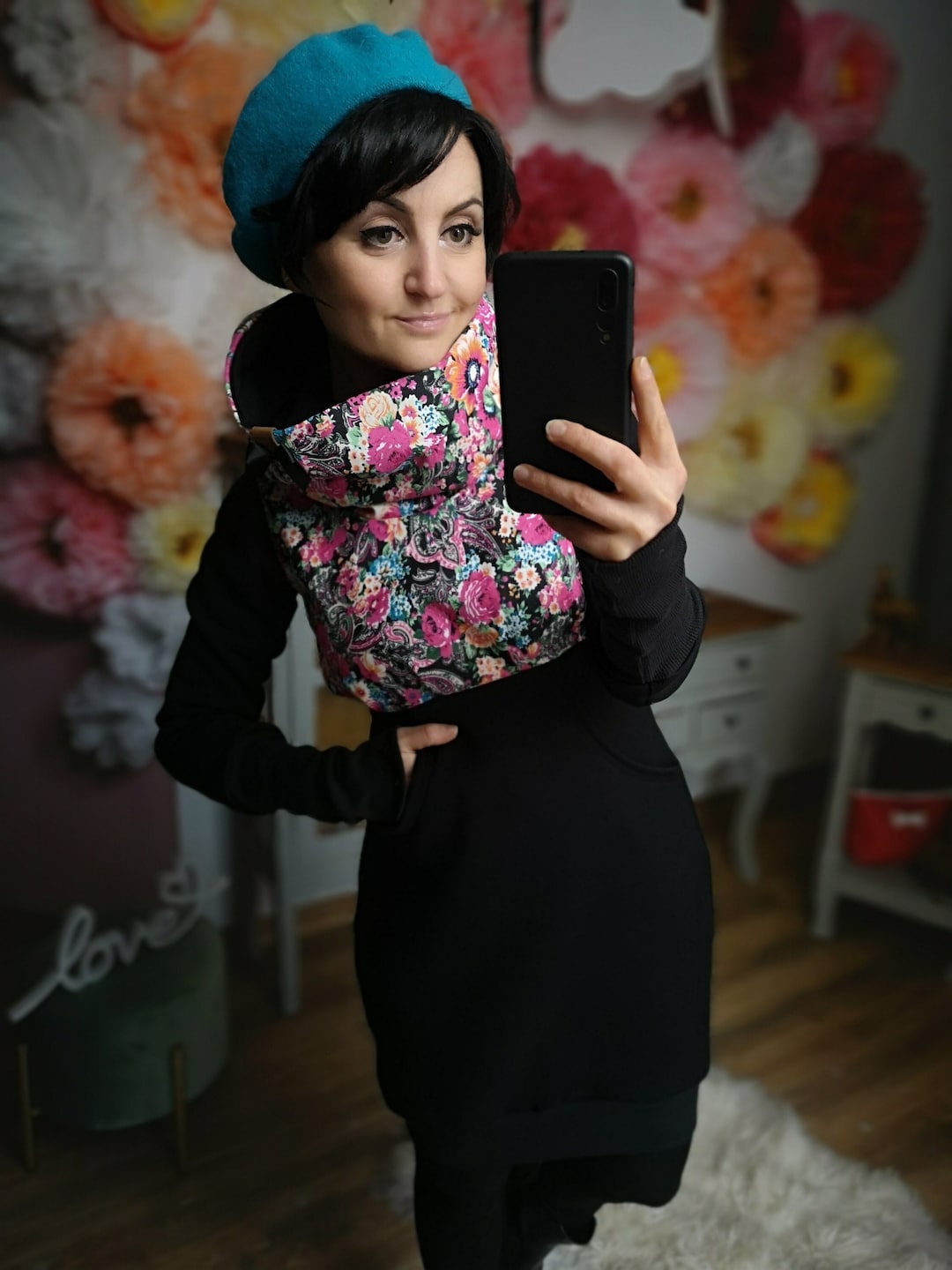 Sweatkleid Damen Schwarz Oversize - Bequemes Kapuzenkleid Langarm