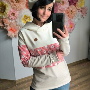 MEKO® Striper Hoodie Damen, Altweiß, Creme und Lachs, Hoodie mit Blumen, Kapuzenpullover von meko Store Bild 9