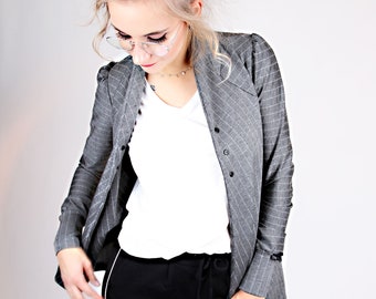 MEKO® "Cardy" Edler Jersey-Blazer Damen, Grau Nadelstreifen, Cardigan mit Knöpfen, Blazer Jacke von meko Store