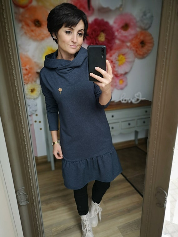 Hoodie Dress With Flounce Skirt Blue 