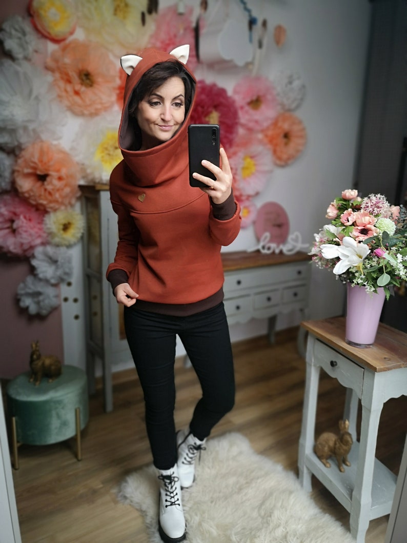 MEKO® Florohra Fuchs Hoodie Damen, Hoodie mit Ohren, Kapuzenpullover in Rust und Braun, Hoodies von meko Store, handgefertigt Bild 7