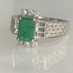 Vintage Emerald Cut Emerald & Diamond Ring: 14k White Gold